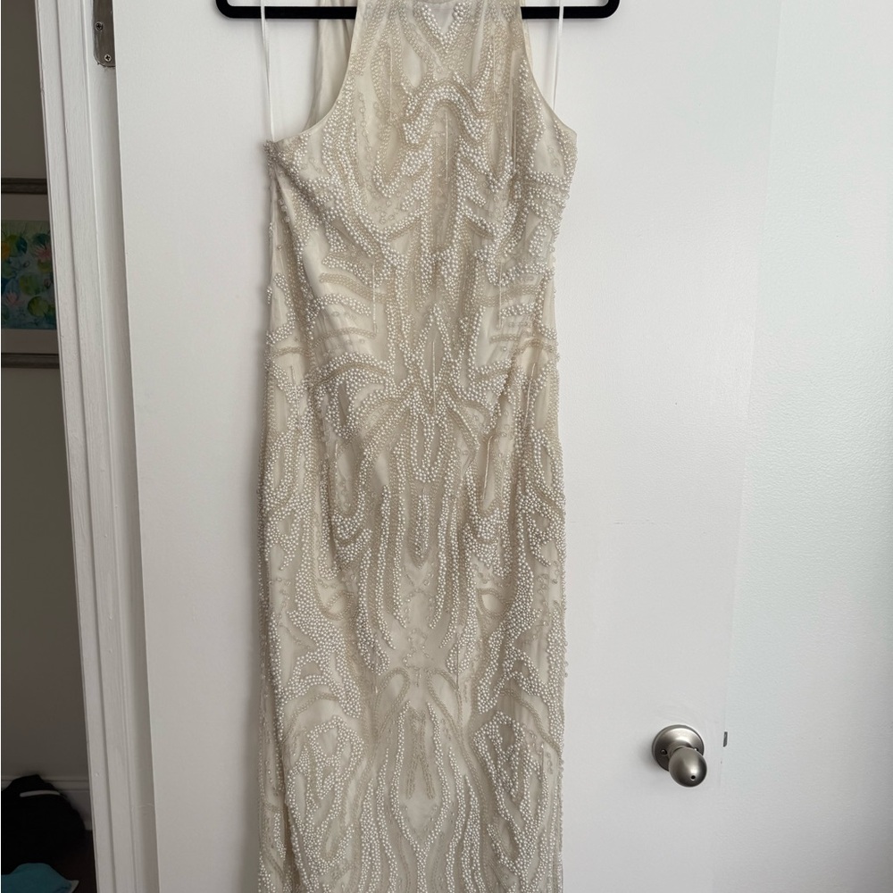 Arrange pearl and crystal embellished halter column maxi dress